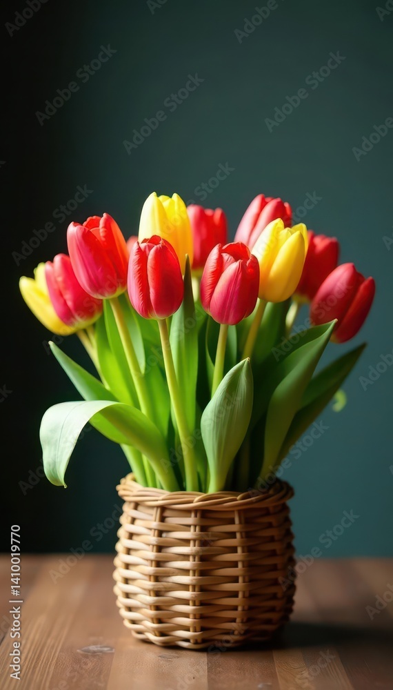 Vibrant tulips in woven basket centerpiece, wooden table , macro, floral, spring