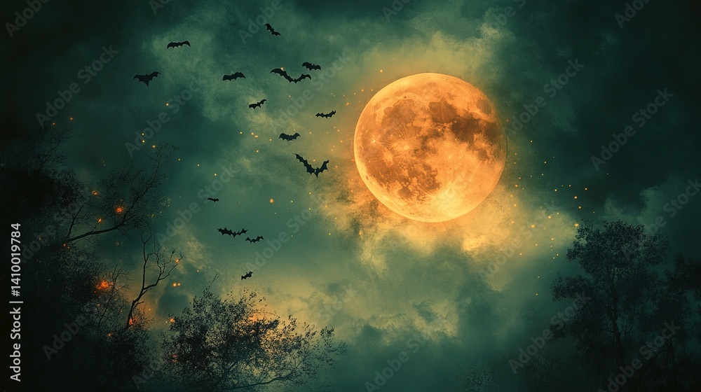 Fototapeta premium Mysterious bat flight under full moon spooky forest digital art nighttime atmospheric concept