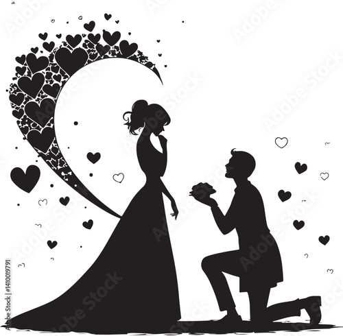 Eternal Bond: Silhouette of a couple in a proposal, capturing the romantic moment amidst a flurry of heart-shaped elements