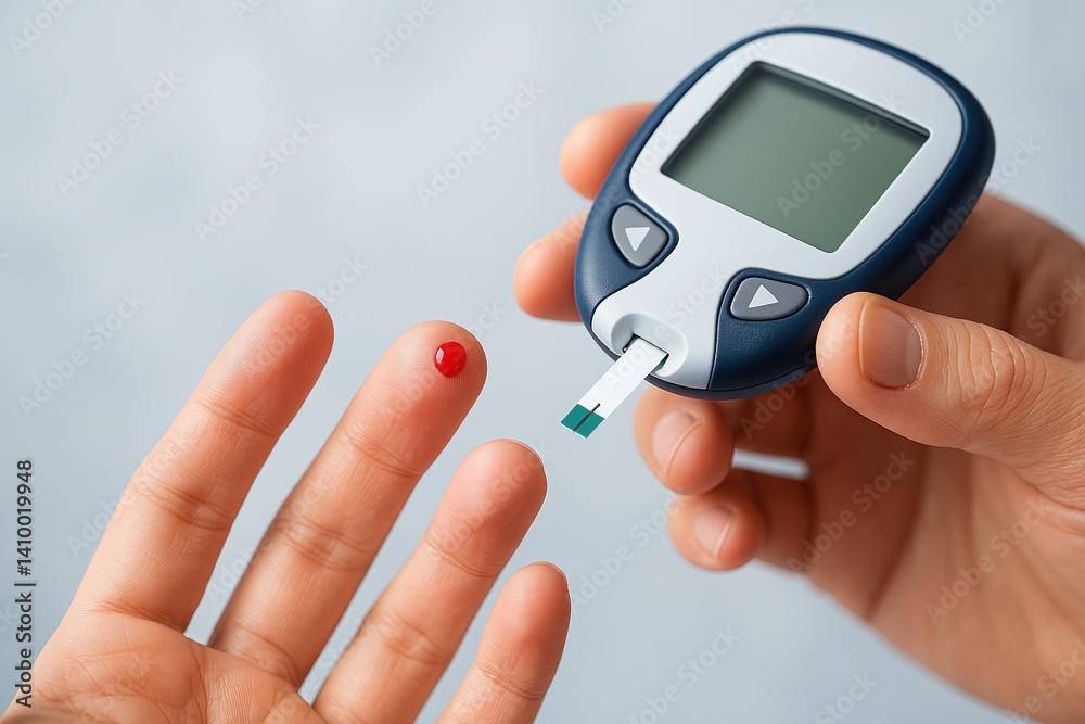 Fototapeta premium Person Testing Blood Glucose for Diabetes with Finger Prick and Glucometer in Focus for Health Monitoring and Diabetes Awareness Photography