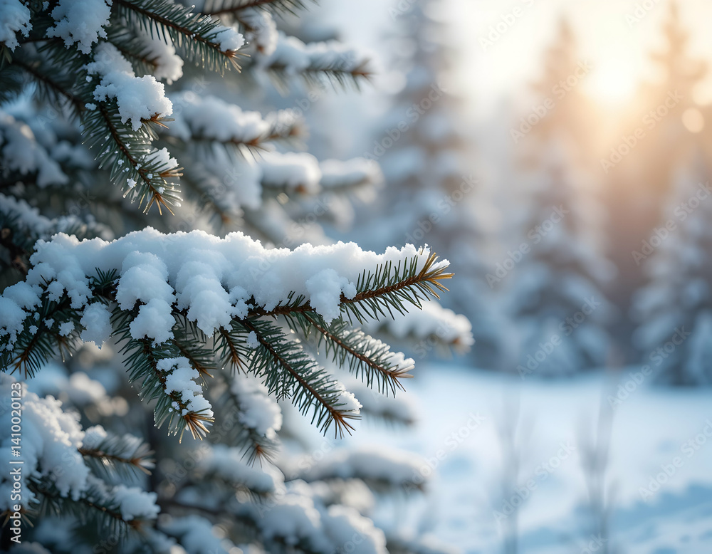 Snow Covered Evergreen Tree Branch in Winter Forest Snow Covered Evergreen Tree Branch in Winter Forest