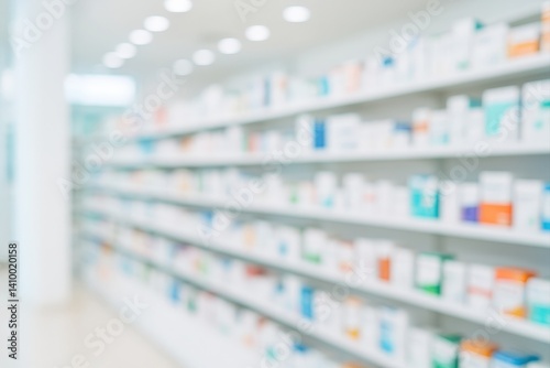 Abstract Pharmacy Drugstore Interior With Medicine Products On Shelves, Healthcare Concept, Blurred Background