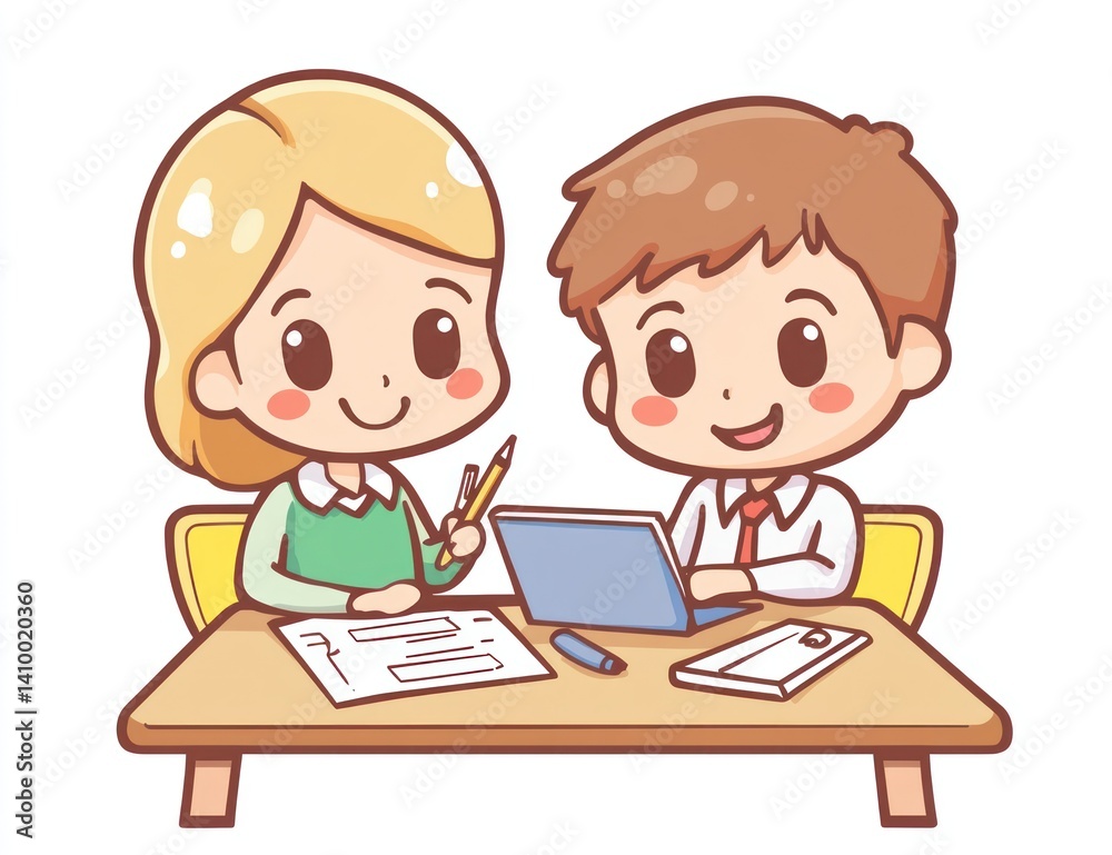 Cartoon kids working on tablet, smiling at table, learning, education Cartoon kids working on tablet, smiling at table, learning, education
