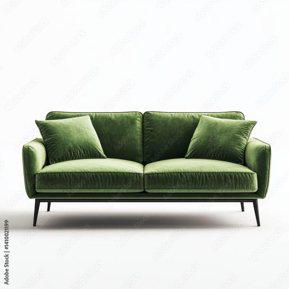 Modern, green velvet sofa. Two-seater, simple design Modern, green velvet sofa. Two-seater, simple design