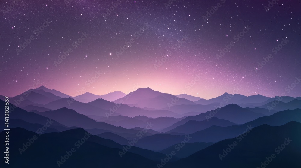 A breathtaking view of mountains under a starry night sky, blending hues of purple and blue for a serene atmosphere. A breathtaking view of mountains under a starry night sky, blending hues of purple and blue for a serene atmosphere.