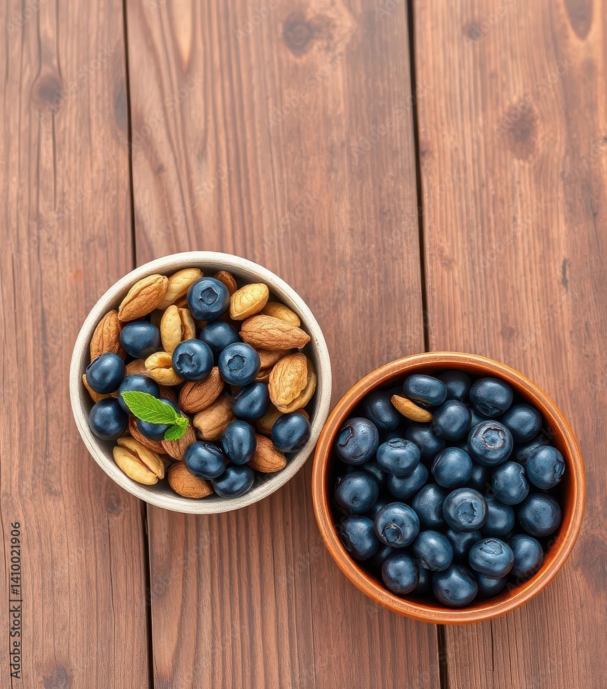 A rustic wooden table holds a bowl of mixed nuts and a bowl of plump blueberries, still life, dessert