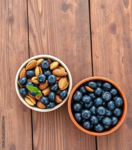 Obraz na płótnie A rustic wooden table holds a bowl of mixed nuts and a bowl of plump blueberries, still life, dessert w salonie