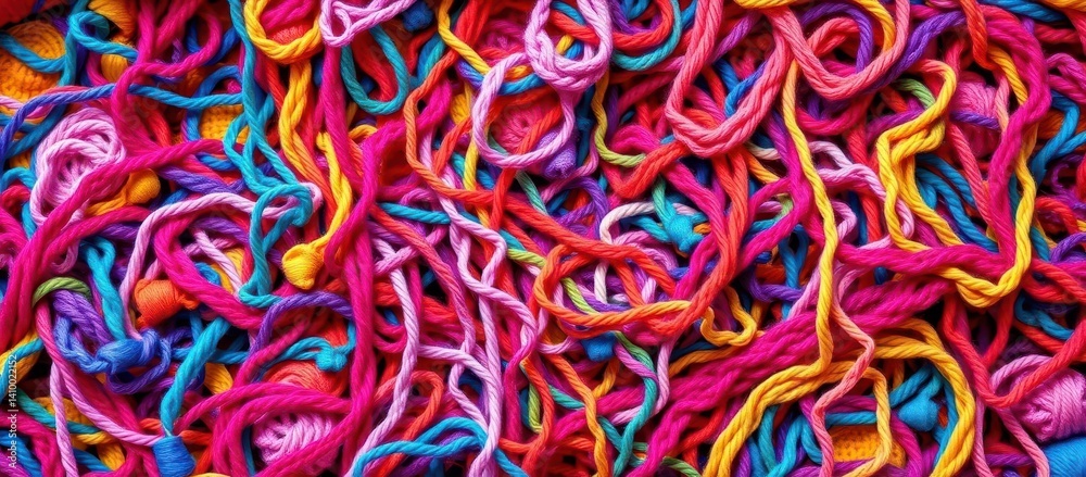 A vibrant, chaotic tangle of colorful crochet threads and yarns overflowing from a bobina, yarn art, colorful background