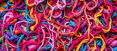 Obraz na płótnie A vibrant, chaotic tangle of colorful crochet threads and yarns overflowing from a bobina, yarn art, colorful background w salonie