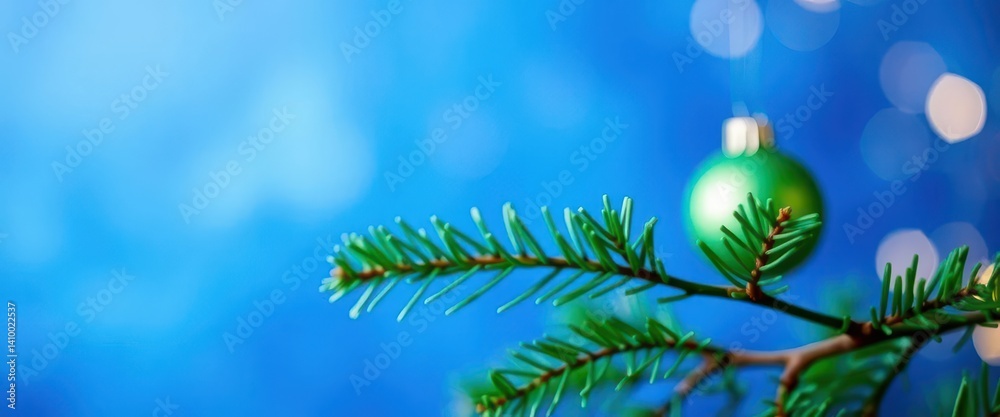 Blurred fir branch bokeh, blue Christmas background, green ornaments, background, card, xmas