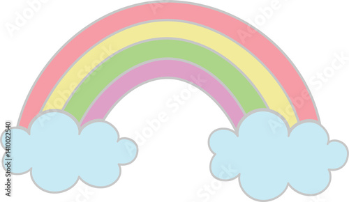 Simple colorful cute rainbow. Rainbow with two blue clouds isolated on white background, vector illustration.	