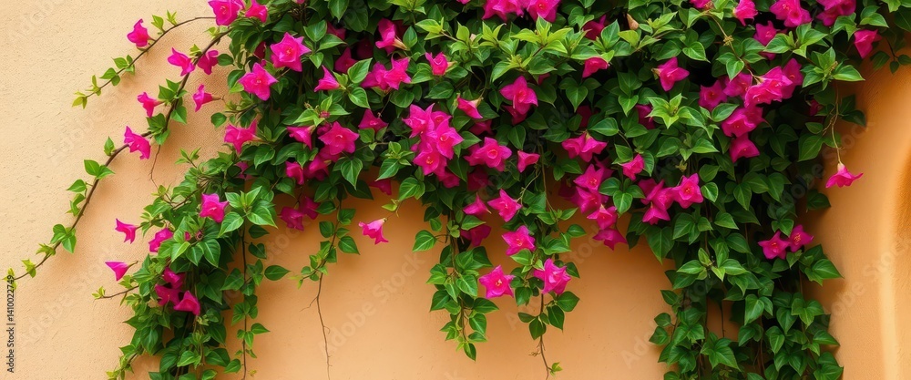 Bougainvillea vines cascade over a beige wall corner, vibrant greenery against muted tones, spring, flora, vibrant