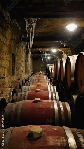 Atmospheric wine cellar shows rows of oak barrels aging, lit by overhead lights and adorned with spooky cobwebs, creating an aged and classic ambiance.