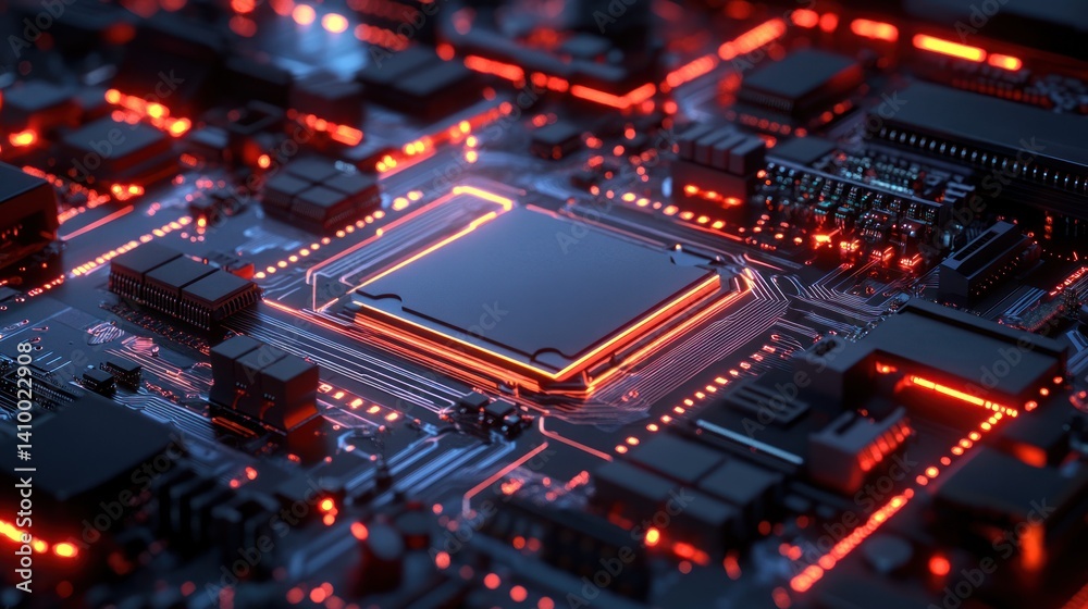 A close-up view of a modern computer chip surrounded by intricate circuitry and glowing lights, showcasing advanced technology. A close-up view of a modern computer chip surrounded by intricate circuitry and glowing lights, showcasing advanced technology.