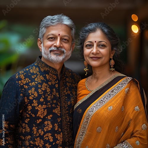 Celebrating cultural heritage indian couple in traditional attire outdoor setting portrait photography warm atmosphere