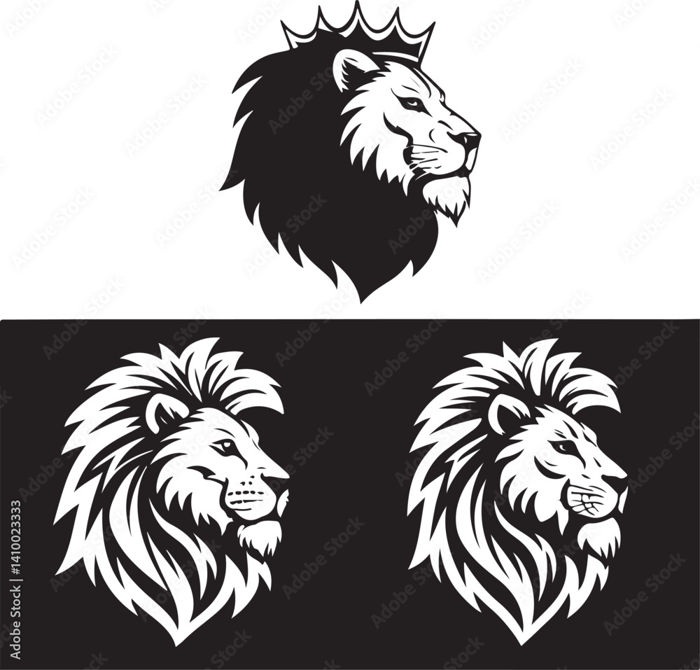 Obraz premium Lion Head Designs: A collection of stylized lion head illustrations, perfect for logos, branding, or any project needing a majestic touch. One features a crowned lion head in black and white.