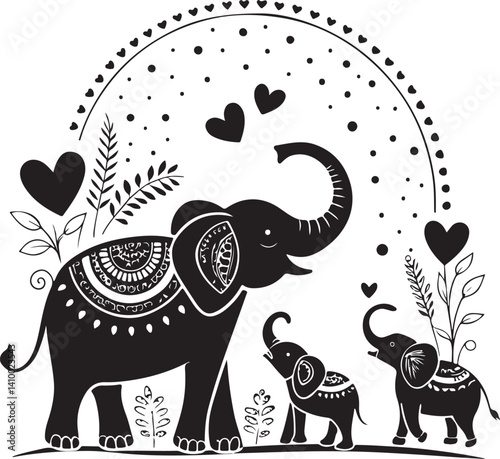 Gentle Hearts, Majestic Elephants: An enchanting illustration of a family of elephants, adorned with intricate patterns, bathed in an aura of love, beneath a tender heart-filled rainbow.