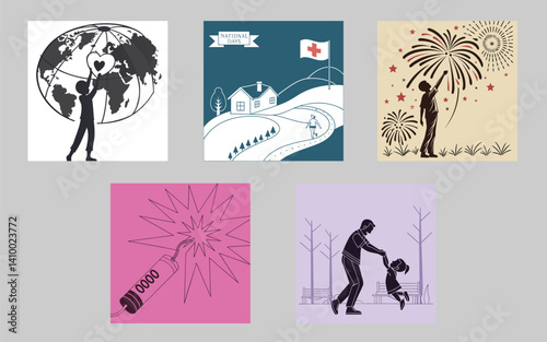 Vector set of summer holiday beach party banners with dancing people and palm trees