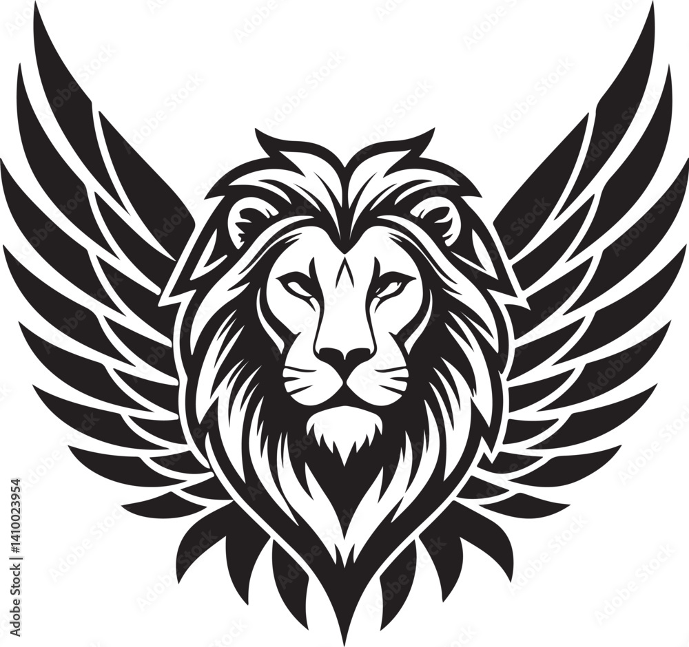 Obraz premium Majestic Lion Emblem: A powerful emblem of a lion with majestic wings, symbolizing strength, courage, and a regal spirit.