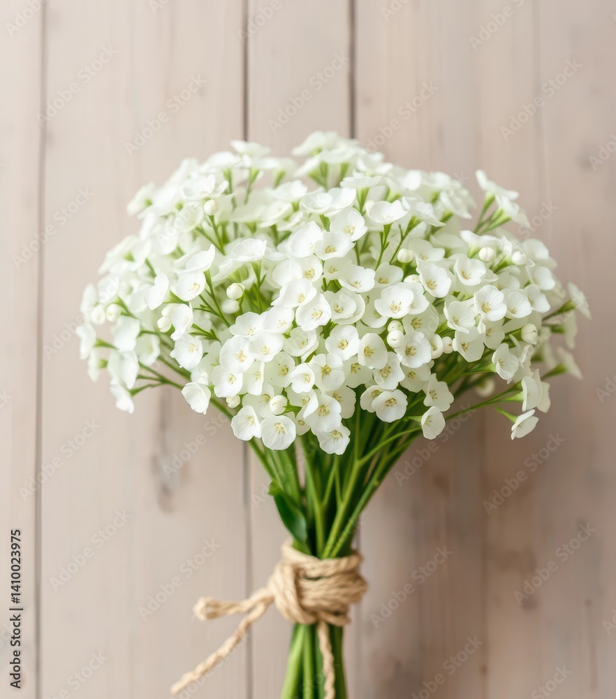 Delicate white gypsophila bouquet, rustic twine, wooden dowel, handmade, summer, spring