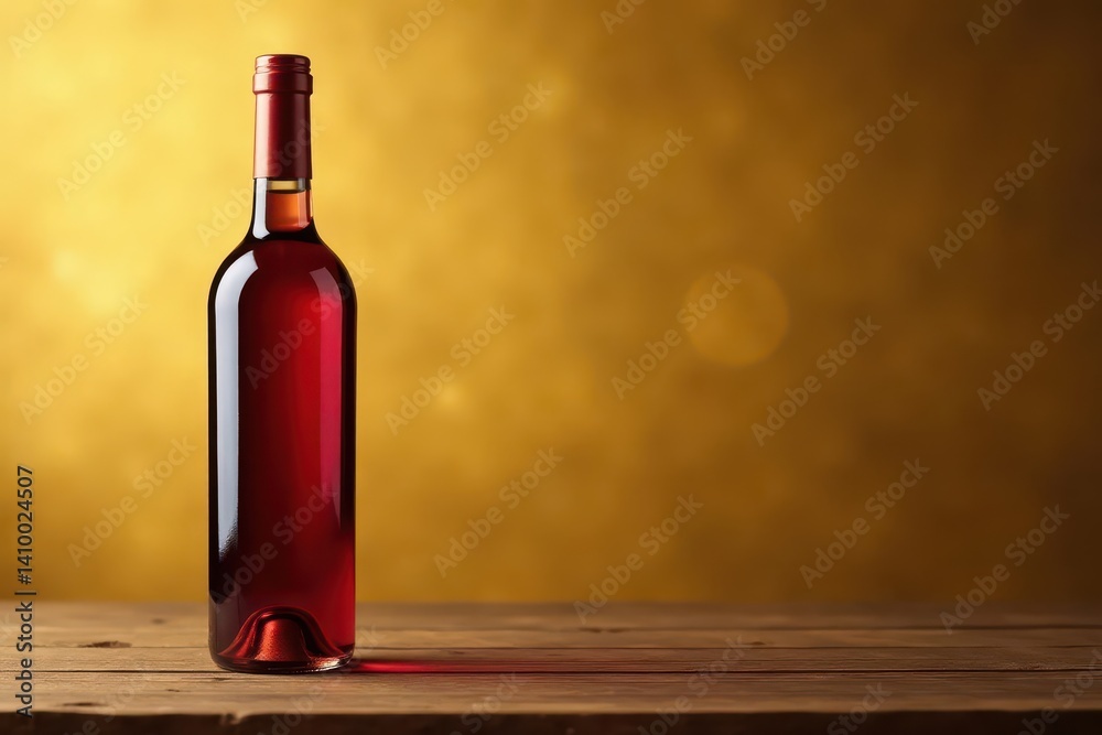 Elegant wine bottle, gold backdrop, wooden table, metal, warm