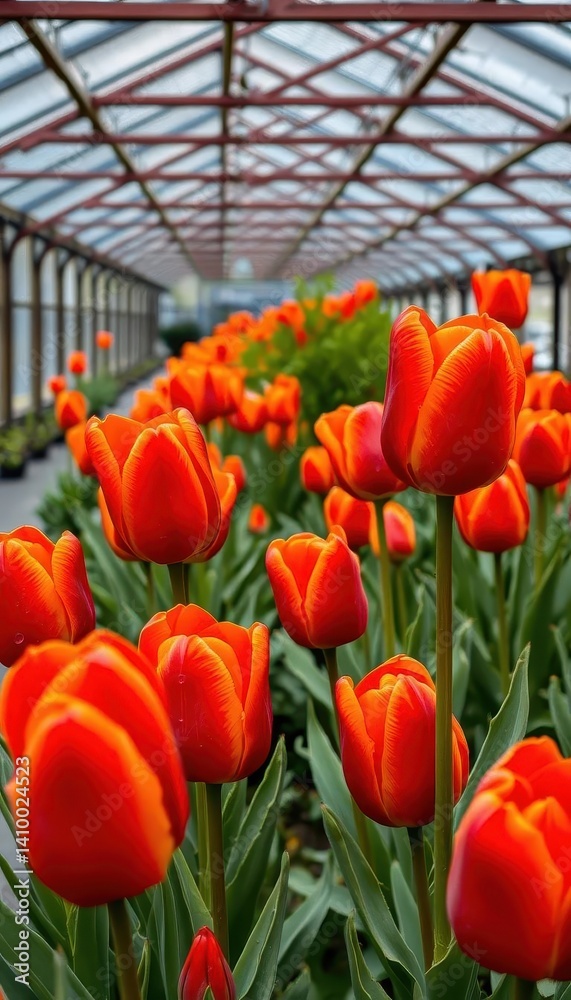 Fiery red and orange tulips in a rain-lashed greenhouse, flowers, nature, floral arrangement