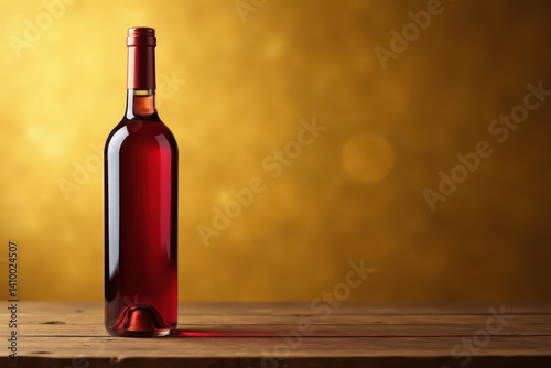 Obraz na płótnie Elegant wine bottle, gold backdrop, wooden table, metal, warm w salonie
