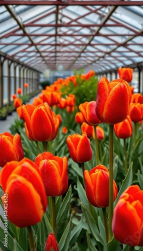 Obraz na płótnie Fiery red and orange tulips in a rain-lashed greenhouse, flowers, nature, floral arrangement w salonie