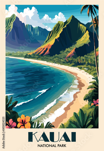 Kauai national park, Hawaii travel destination poster in retro style. Colorful tropical seabeach landscape vector art illustration