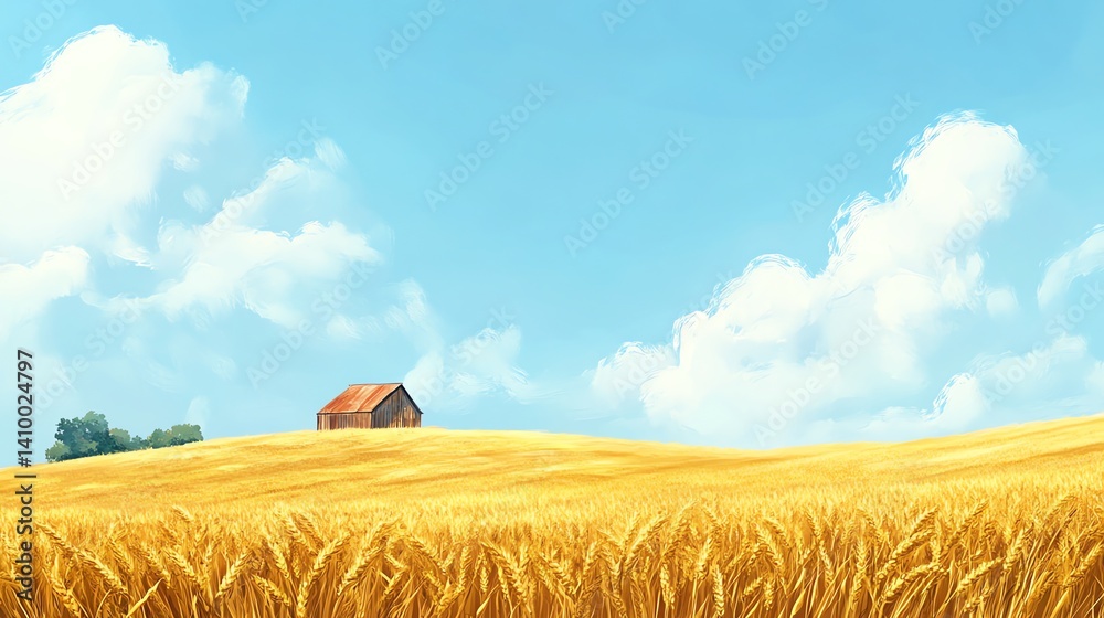 Fototapeta premium Golden Wheat Field Landscape with Rustic Barn and Sunny Blue Sky