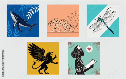 Vector animal icon set with nature and vintage design elements