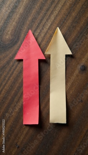 Two paper arrows pointing in opposite directions on a wooden table, symbolizing divergent paths, route, divergence