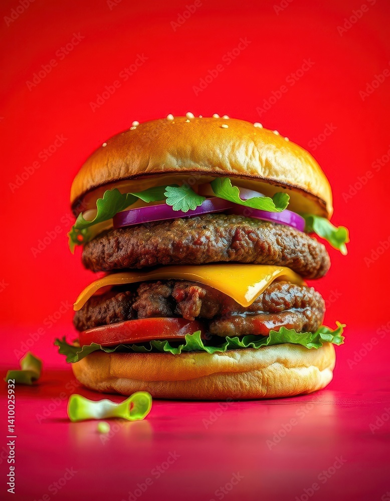 Juicy beef hamburger on a vibrant red background, hamburger, tomato, fast food