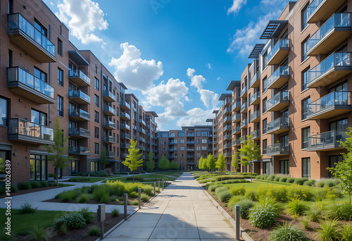 Modern Apartment Complex with Beautiful Landscaping and Clear Sky