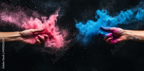 Hands release a medley of colorful powder, with blue and purple tones standing out against the somberness of a dark background