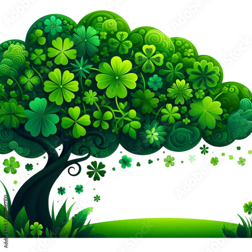 Vibrant green tree decorated with clovers in a lush landscape  