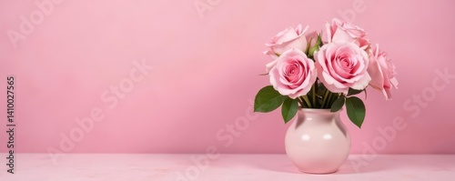 Pastel pink roses in a subtle pink vase, textured pink backdrop , blossom, spring, pastel