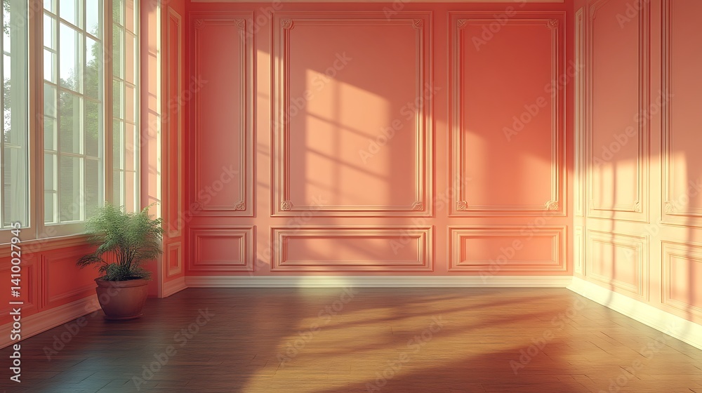 Fototapeta premium Sunlit Room With Coral Walls And Wood Floor