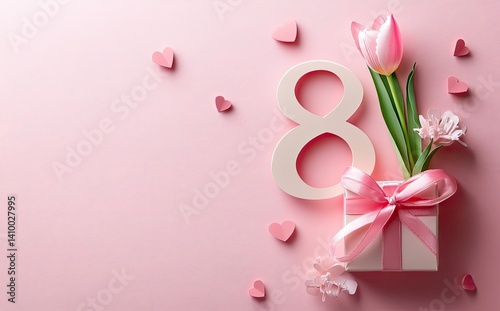 Number Eight Shape with Gift and Flowers on Pink Backdrop with Heart Accents