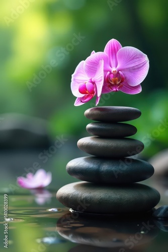 Serene stone stack, delicate pink orchid blooms , macro, flower, spa