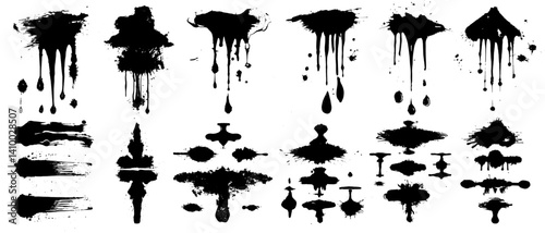 Vector Ink set. Dirty spray graffiti lines with splashes and dripping paint. Spray paint spray marks for text and background, grunge lines with splatters. Graffiti stencil texture, vector template.