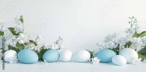 Soft blue serves as the backdrop for a tranquil arrangement of pastel Easter eggs and white daisies