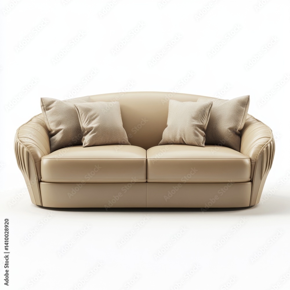 Cream-colored, curved sofa with plush cushions Cream-colored, curved sofa with plush cushions