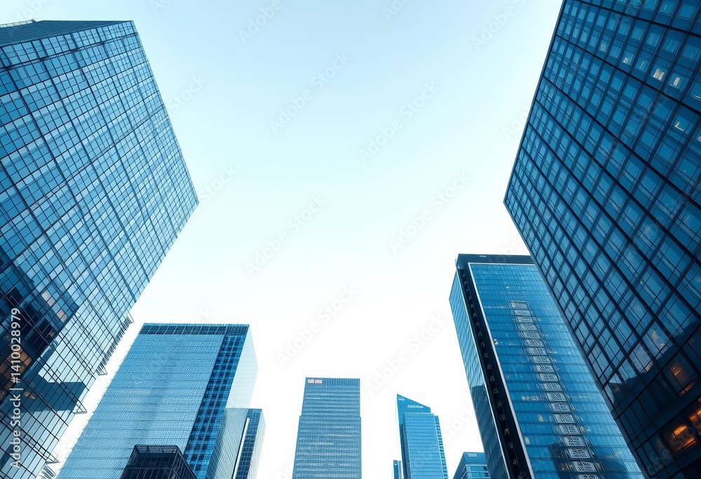 Steel and glass skyscrapers rise into a clear sky, leaving ample negative space, buildings, glass Steel and glass skyscrapers rise into a clear sky, leaving ample negative space, buildings, glass