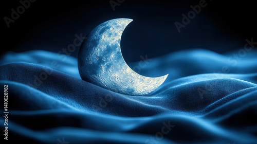 A glowing crescent moon rests on soft blue fabric, creating a tranquil and dreamlike scene. The interplay of light and texture evokes a serene atmosphere