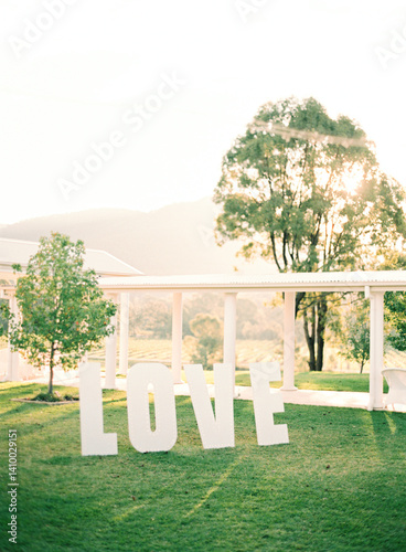 Large white letters spelling LOVE on green grass for a wedding photo