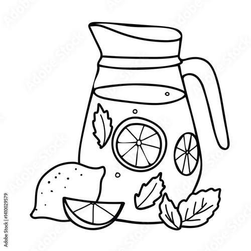 Lemonade Jug with Lemon Fruit and mint. Summer refreshment beverage. Hand drawn vector illustration in Doodle style isolated on a background. For restaurant menus and graphic design projects.