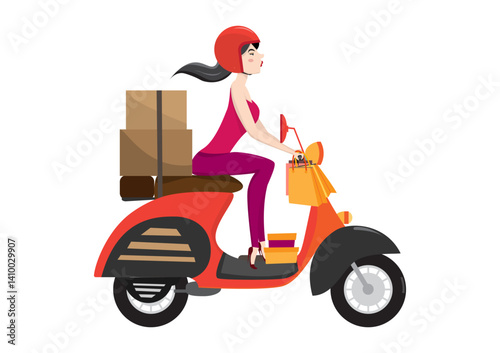 Beautiful young woman riding a yellow scooter Deliver products to your home