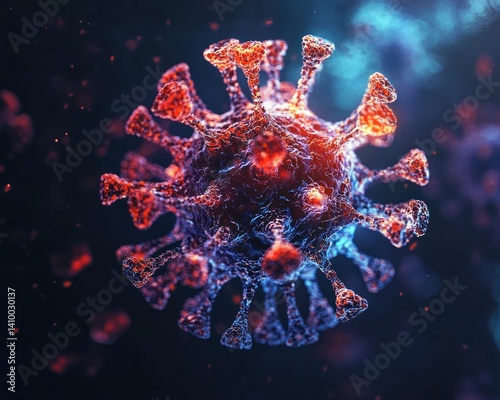 A 3D visualization of a virus, showcasing the capsid spikes and glowing RNA strands, against a dark backdrop. photo