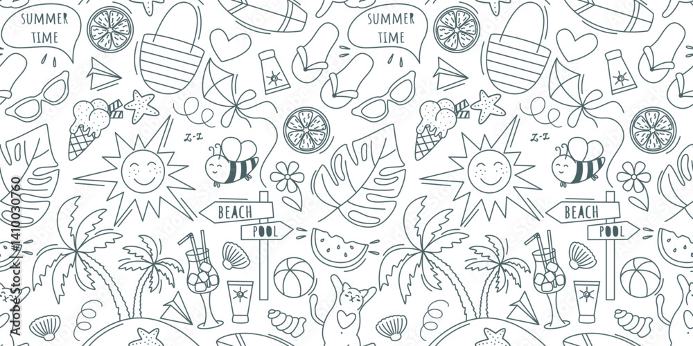 Summer holiday attributes seamless pattern doodle sketch style. Hand drawn background with beach relaxation items. Travel tourism print for textile, packaging, design. Vector graphics Summer holiday attributes seamless pattern doodle sketch style. Hand drawn background with beach relaxation items. Travel tourism print for textile, packaging, design. Vector graphics